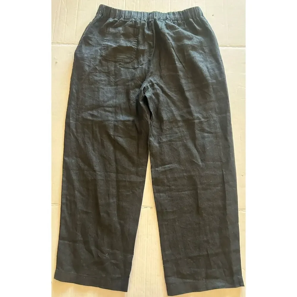 Quince Womens Sz Medium Black European Linen Pants Elastic Waist Cropped Coastal